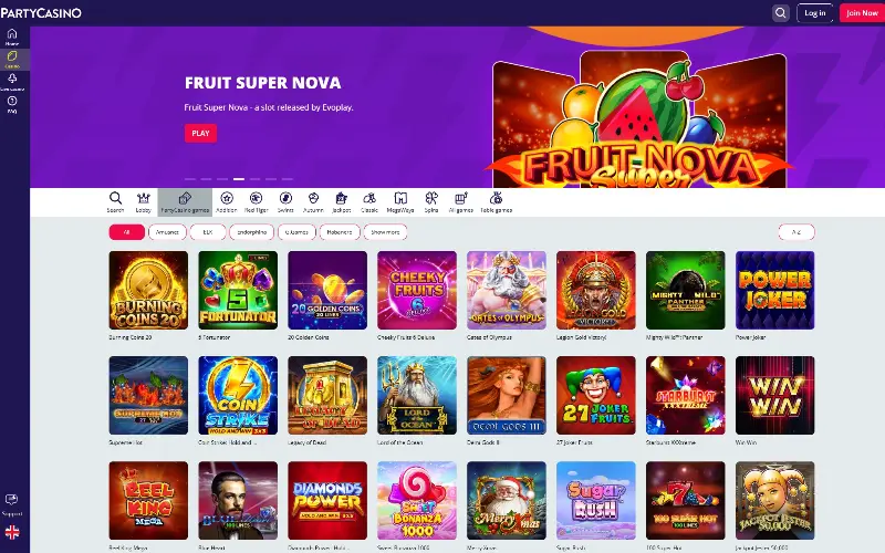 Вибір ігор казино на PartyCasino